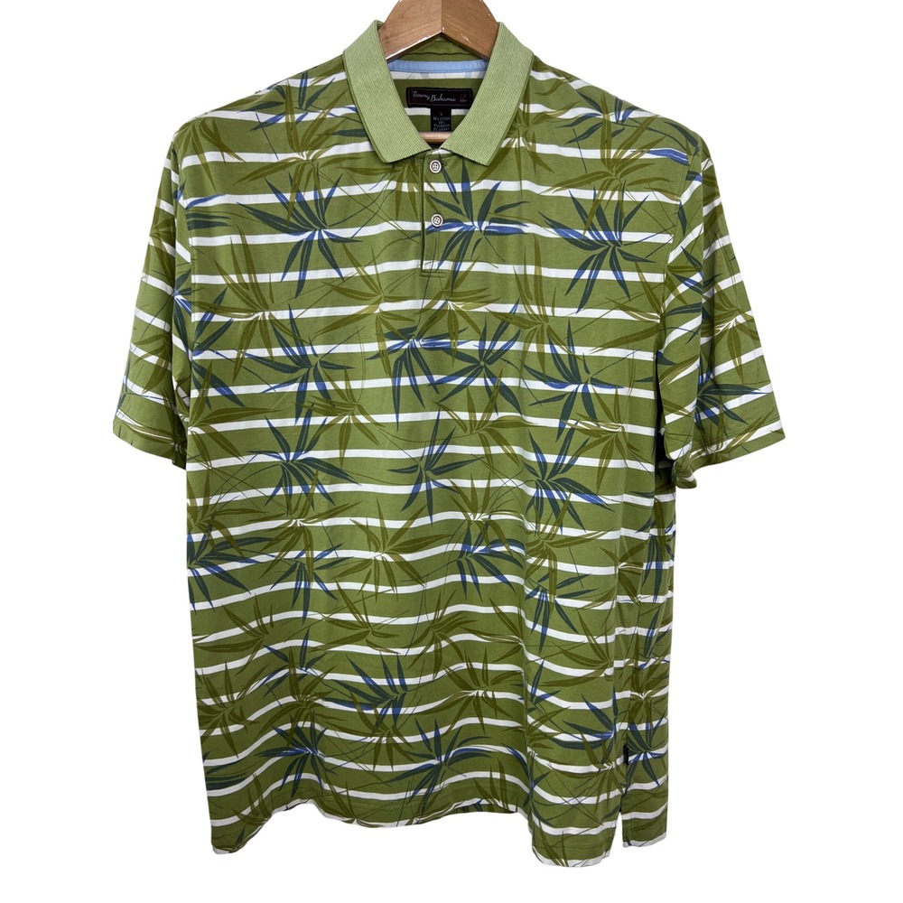 Tommy Bahama Golf Polo Mens L Green Striped Palm Leaf Tropical Casual E16